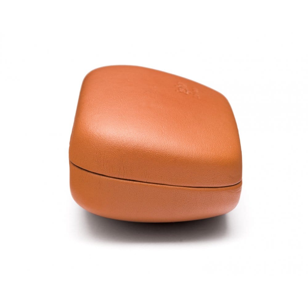 Hard rounded leather glasses case, light tan, depth