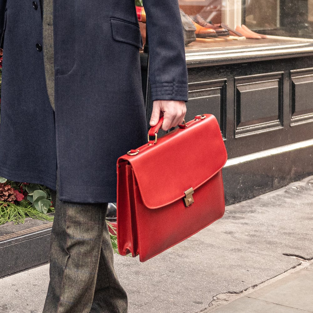 Traditional leather briefcase with combination lock, light tan, lifestyle