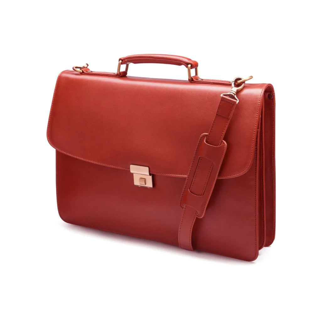 Traditional leather briefcase with combination lock, light tan, with shoulder strap