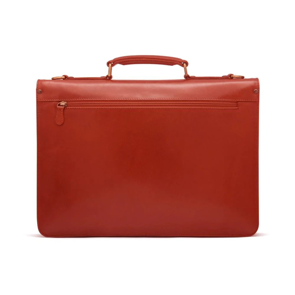 Traditional leather briefcase with combination lock, light tan, back