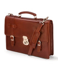 Leather Cambridge satchel briefcase with silver brass lock, light tan, side
