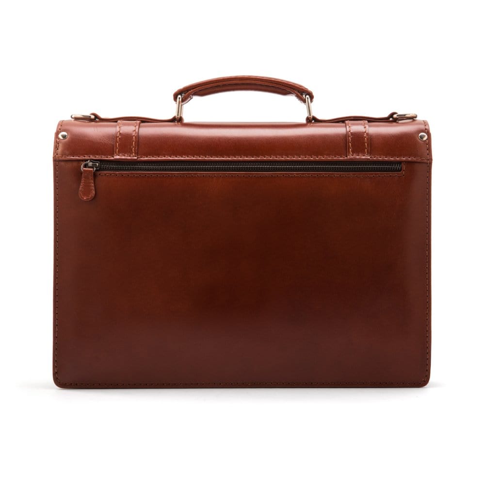 Leather Cambridge satchel briefcase with silver brass lock, light tan, back