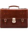 Leather Cambridge satchel briefcase with silver brass lock, light tan, front