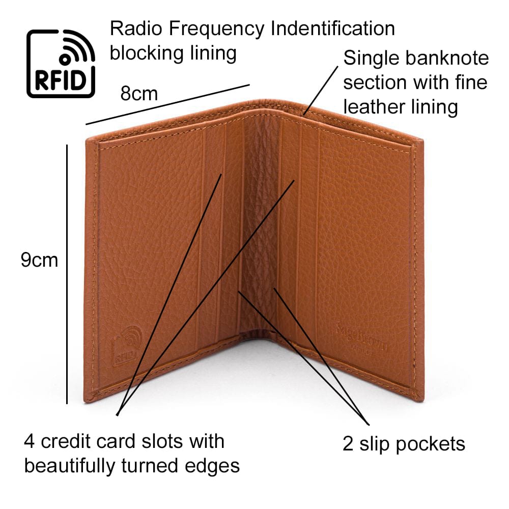 RFID leather wallet with 4 CC, light tan, features