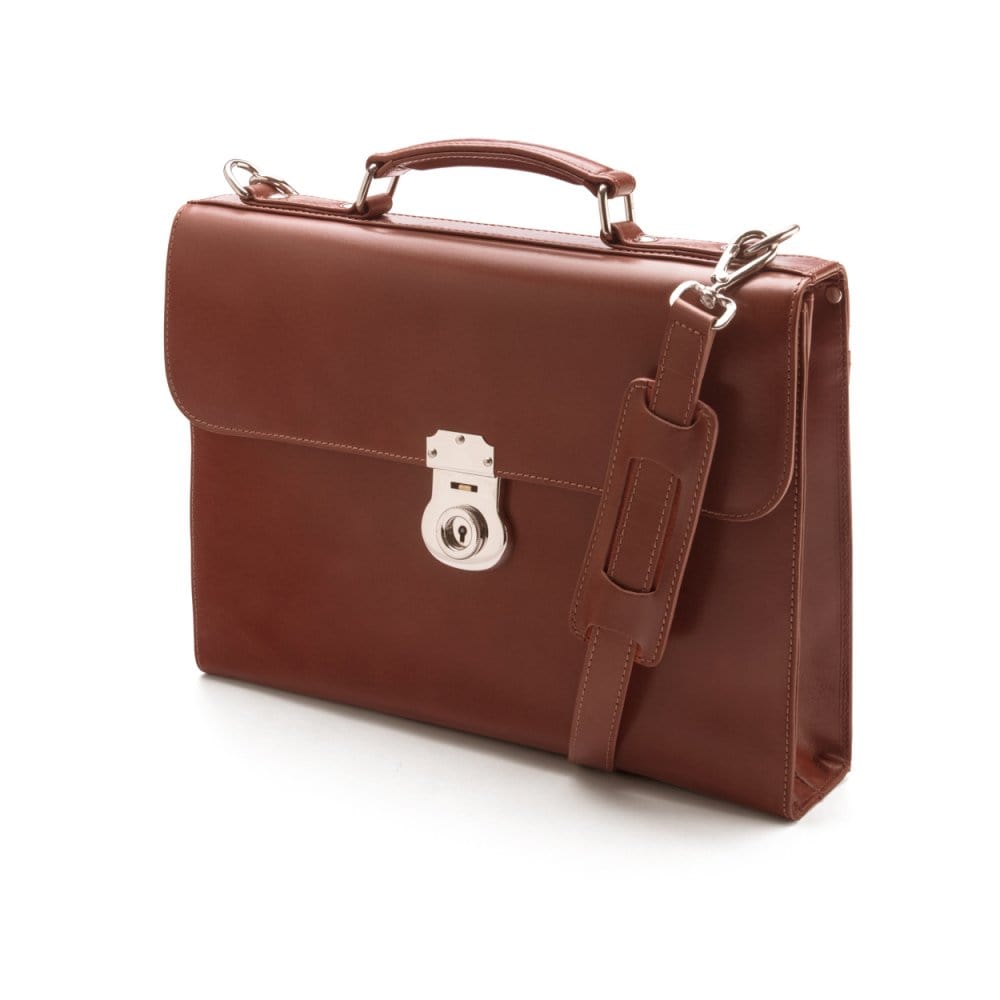 Light Tan Vintage Leather Wall Street Briefcase With Silver Brass Lock