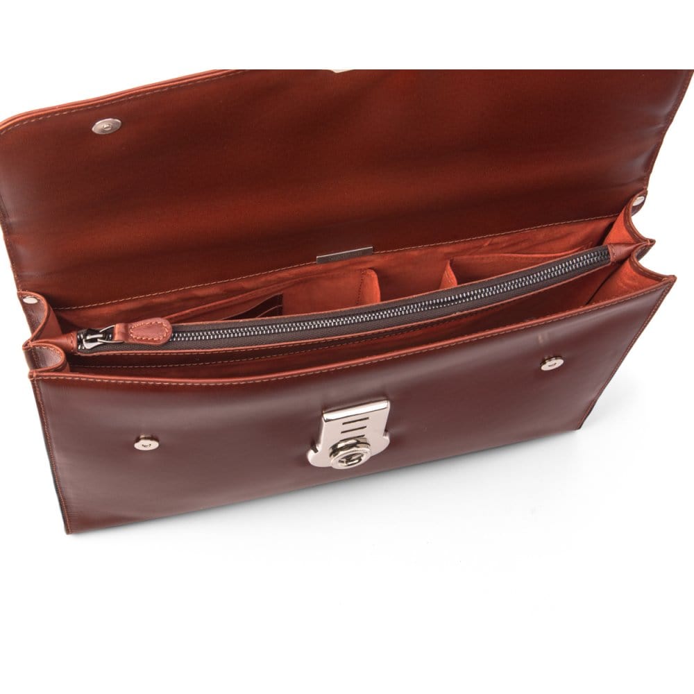 Light Tan Vintage Leather Wall Street Briefcase With Silver Brass Lock