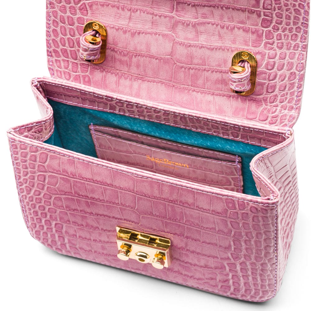 Mini top handle Betty bag, lilac croc, inside view