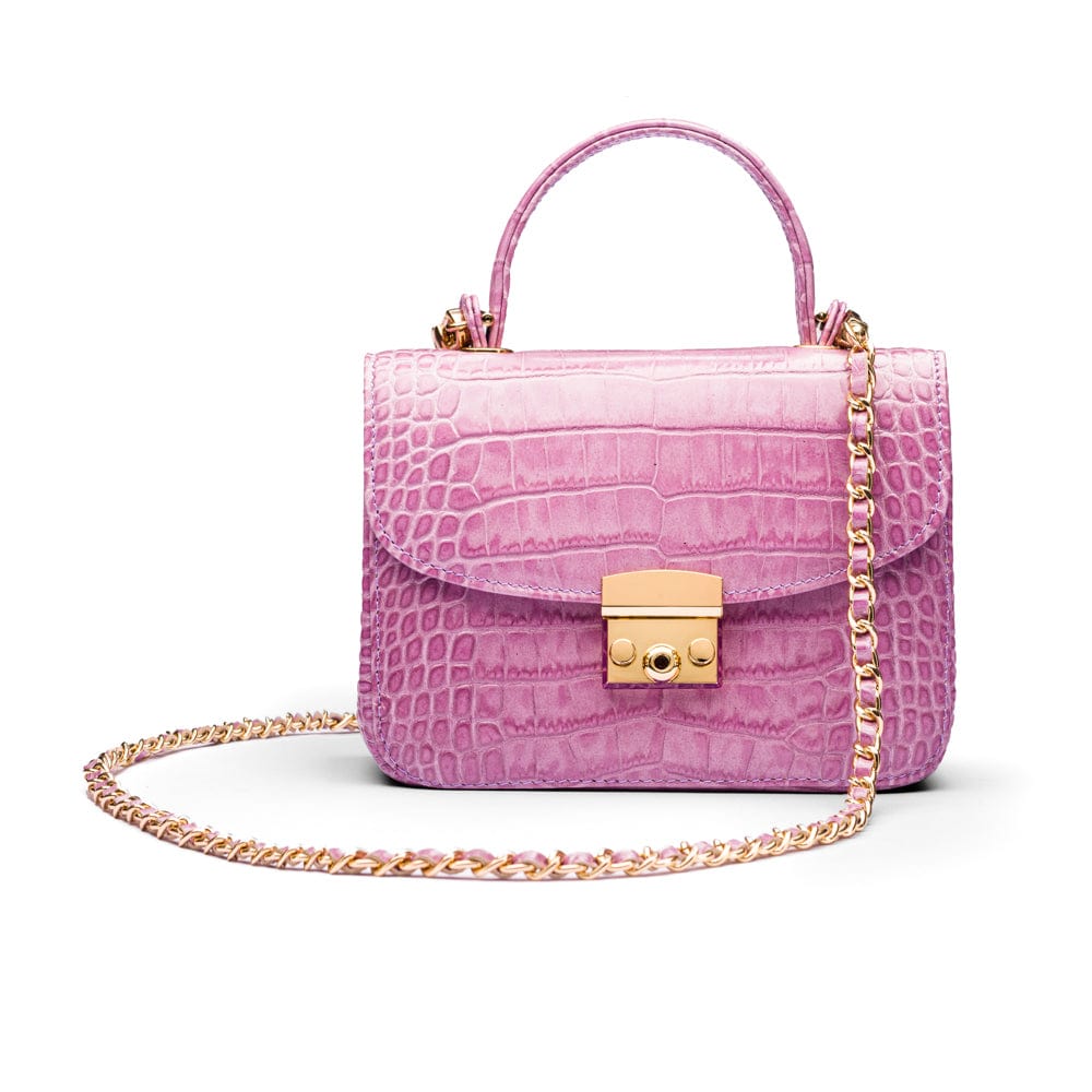 Mini top handle Betty bag, lilac croc, front