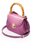 Bamboo handle bag, lilac croc, with long shoulder strap