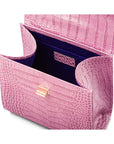 Mini leather Morgan Bag, top handle bag, lilac croc, inside view
