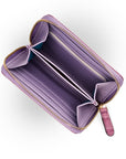 Small leather zip around accordion coin purse, lilac croc, open view 2