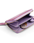 Small leather zip around accordion coin purse, lilac croc, inside view
