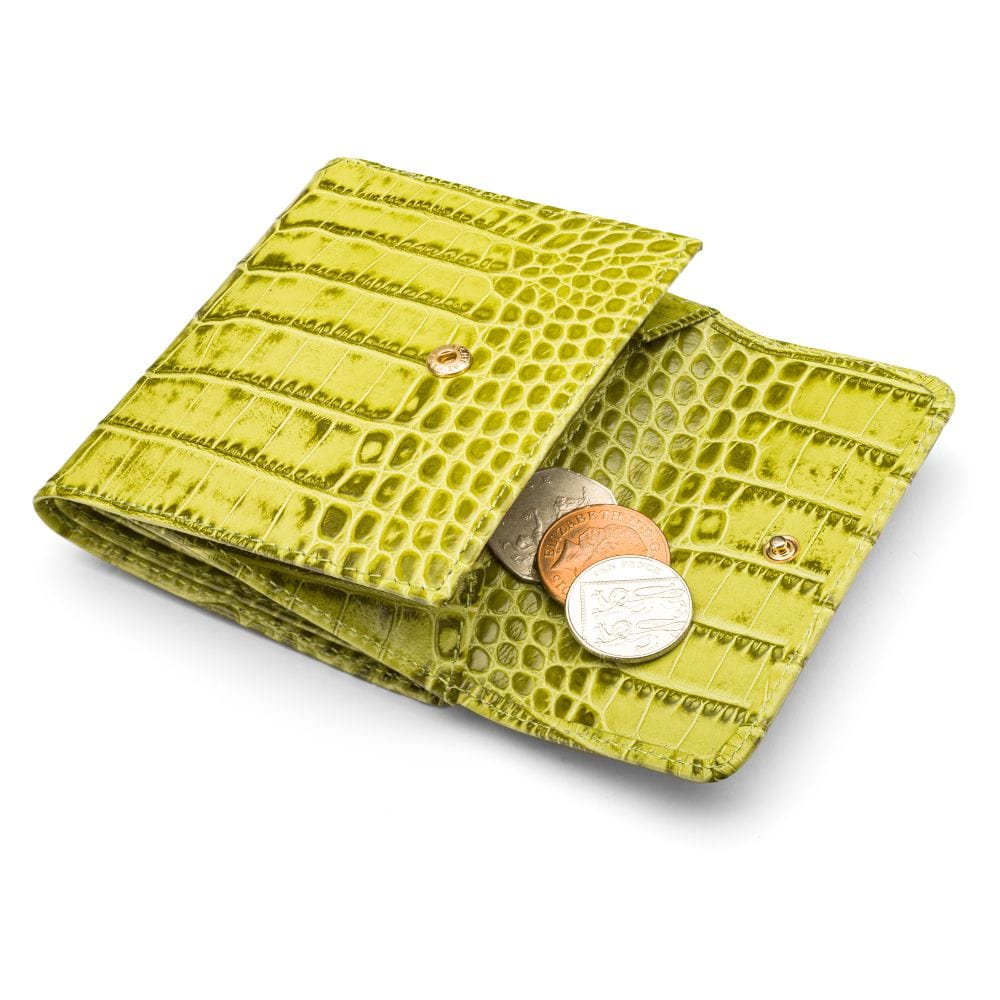 Leather purse with brass clasp, lime green croc, open