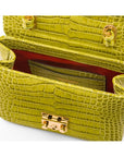 Small leather top handle bag, lime green croc, inside
