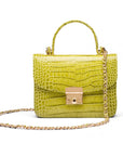 Small leather top handle bag, lime green croc, with chain strap