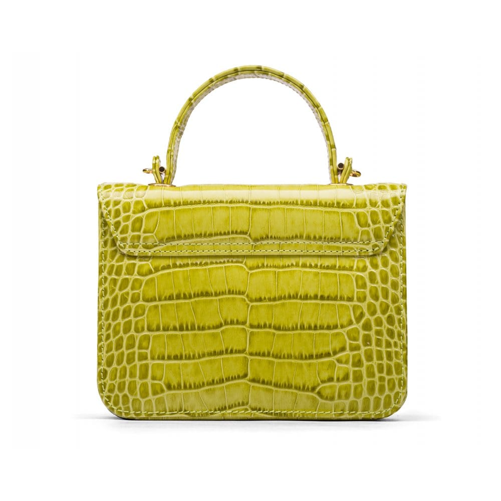 Small leather top handle bag, lime green croc, back
