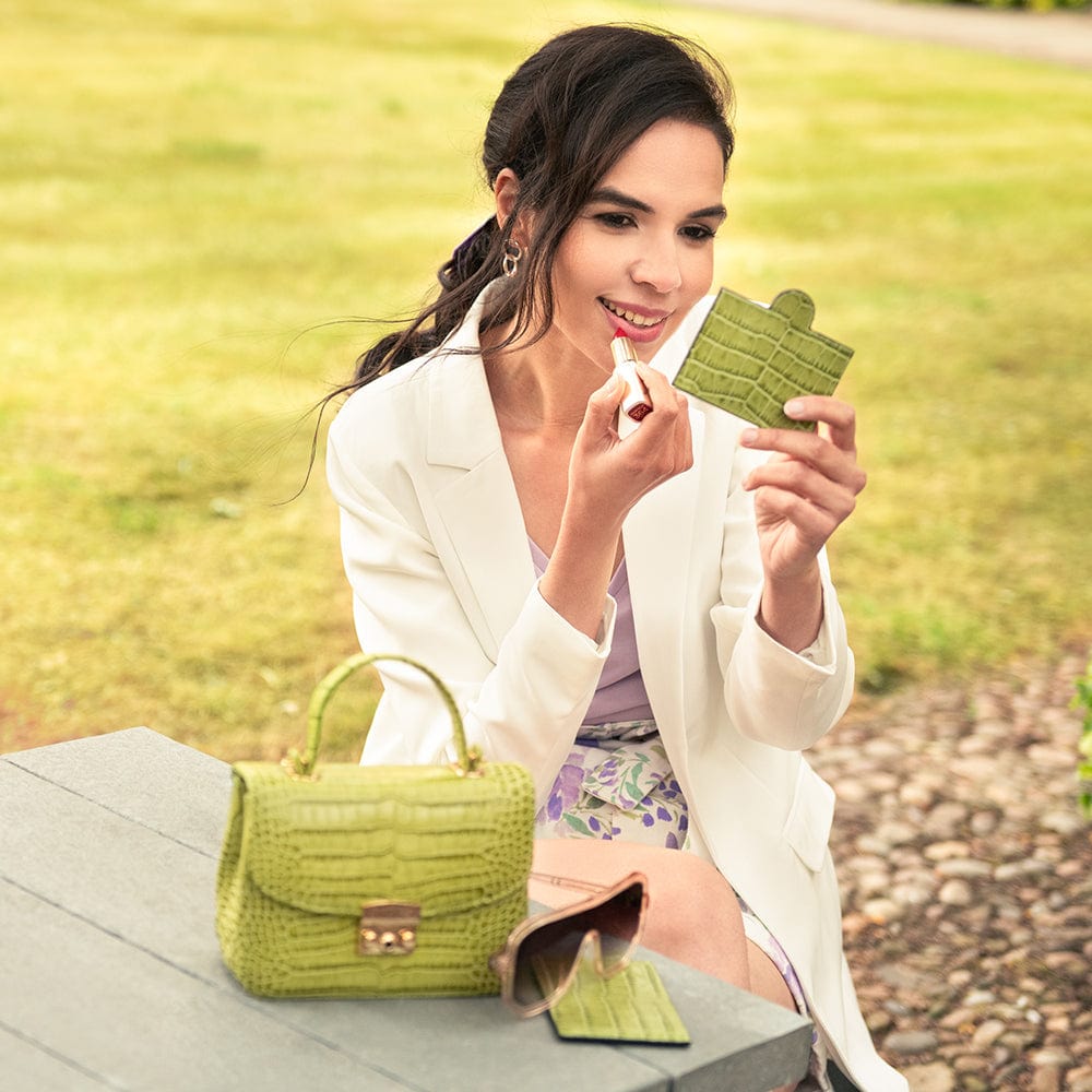 Mini top handle bag, lime croc, lifestyle