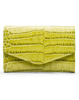 Small leather concertina purse, lime croc, front