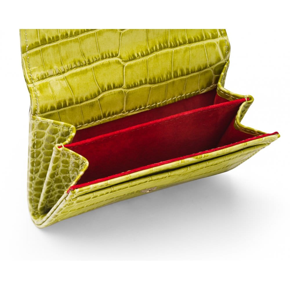 Small leather concertina purse, lime croc, inside