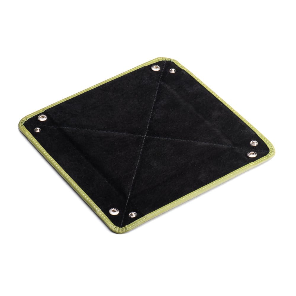 Leather valet tray, lime green with black, flat