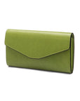 Leather accordion clutch purse with 12 card slots, lime saffiano, front
