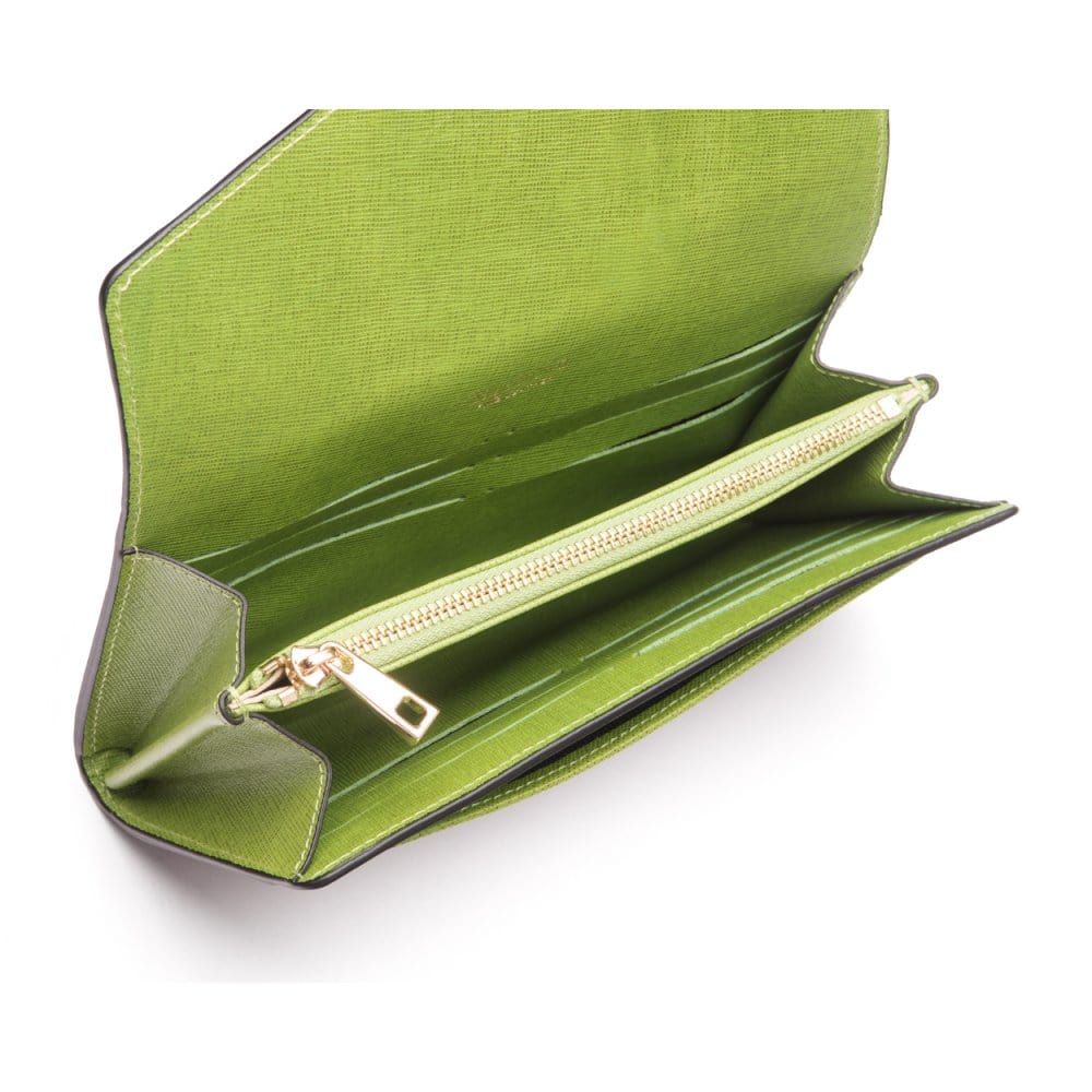 Leather accordion clutch purse with 12 card slots, lime saffiano, inside