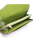 Leather accordion clutch purse with 12 card slots, lime saffiano, inside