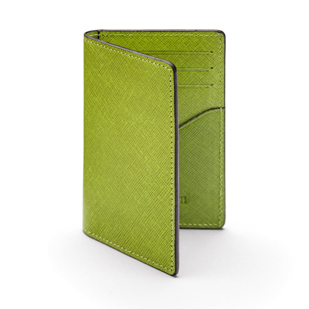 RFID bifold credit card holder, lime saffiano, front view
