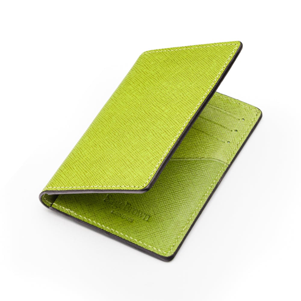 RFID bifold credit card holder, lime saffiano, open view