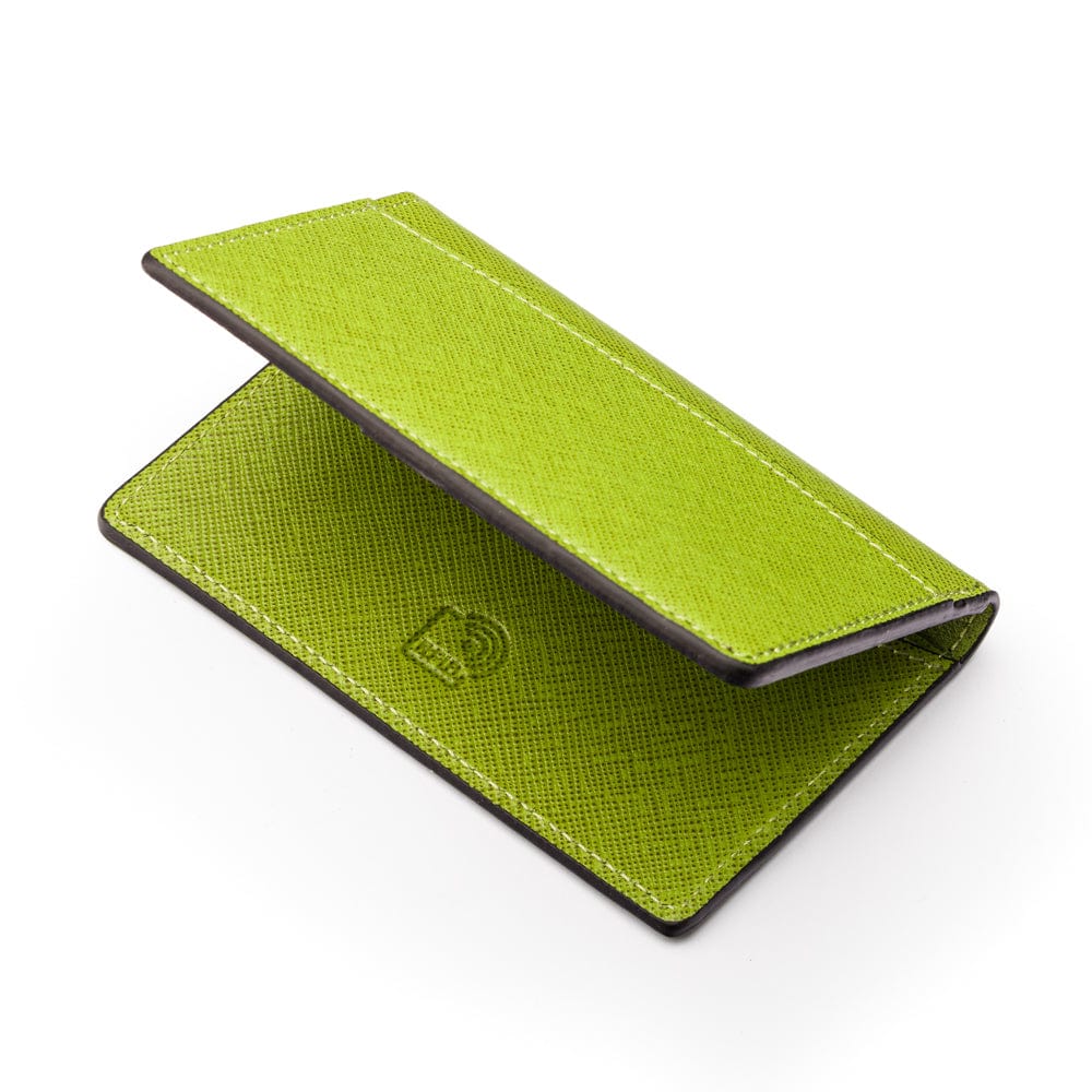 RFID bifold credit card holder, lime saffiano, RFID view