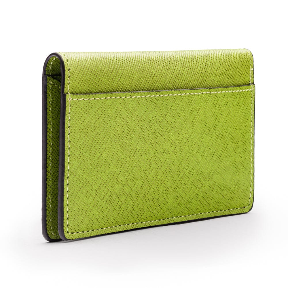 RFID bifold credit card holder, lime saffiano, back view