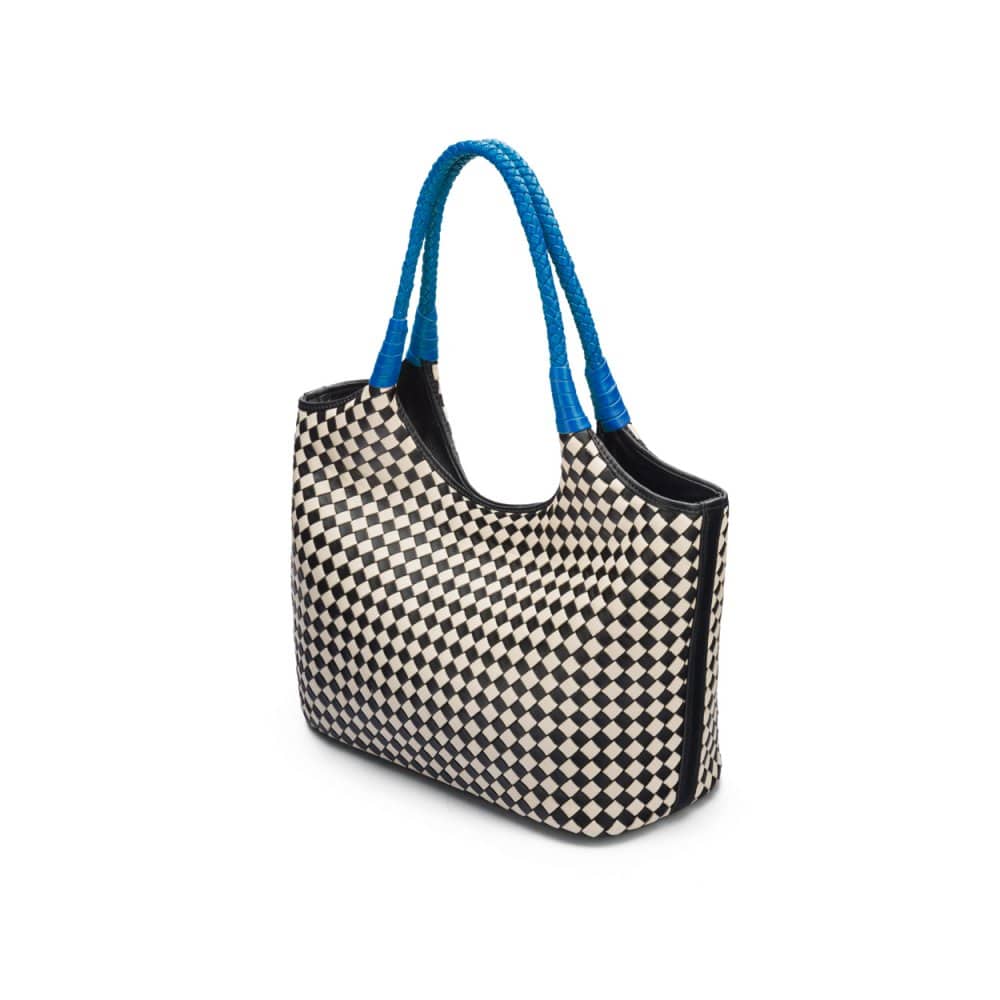 Woven leather shoulder bag, black and ecru check with cobalt handles, side