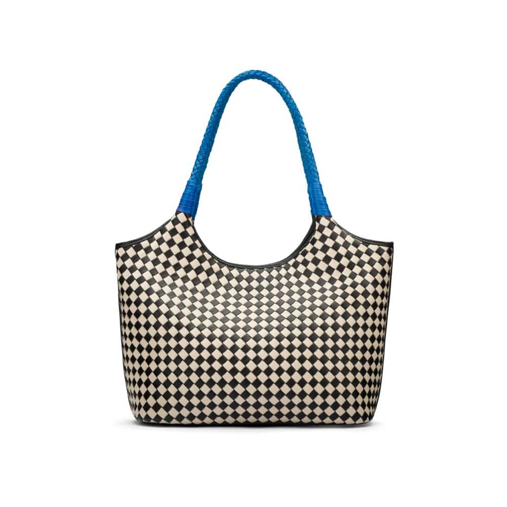 Woven leather shoulder bag, black and ecru check with cobalt handles, front