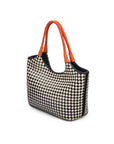 Woven leather shoulder bag, black and ecru check with orange handles, side