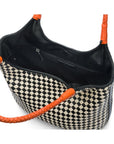 Woven leather shoulder bag, black and ecru check with orange handles, open