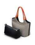 Woven leather shoulder bag, black and ecru check with orange handles, with detachable inner bag