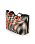 Woven leather shoulder bag, black and ecru check with orange handles