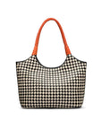 Woven leather shoulder bag, black and ecru check with orange handles, front