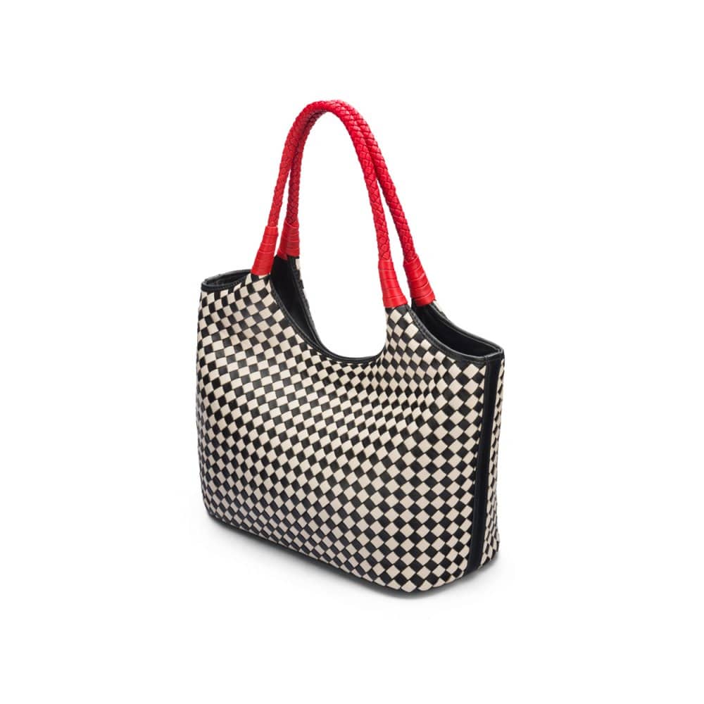 Woven leather shoulder bag, black and ecru check with red handles, side