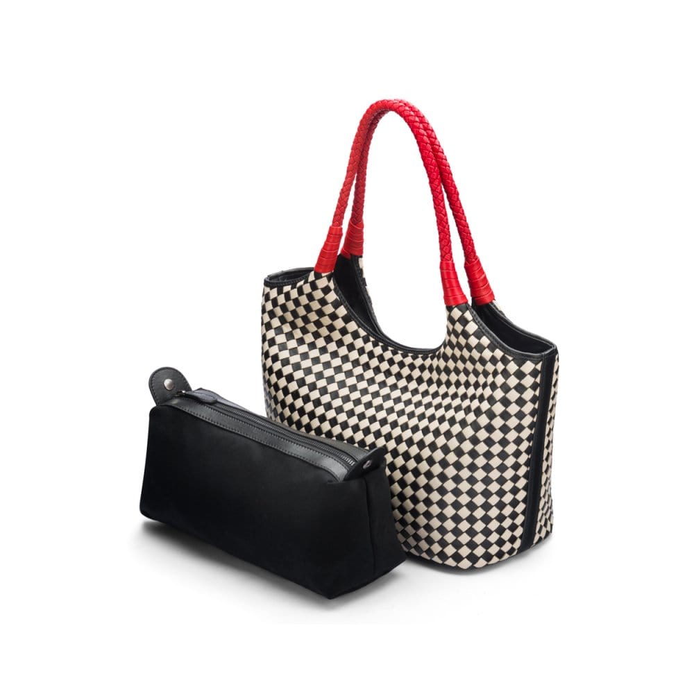 Woven leather shoulder bag, black and ecru check with red handles, with detachable inner bag
