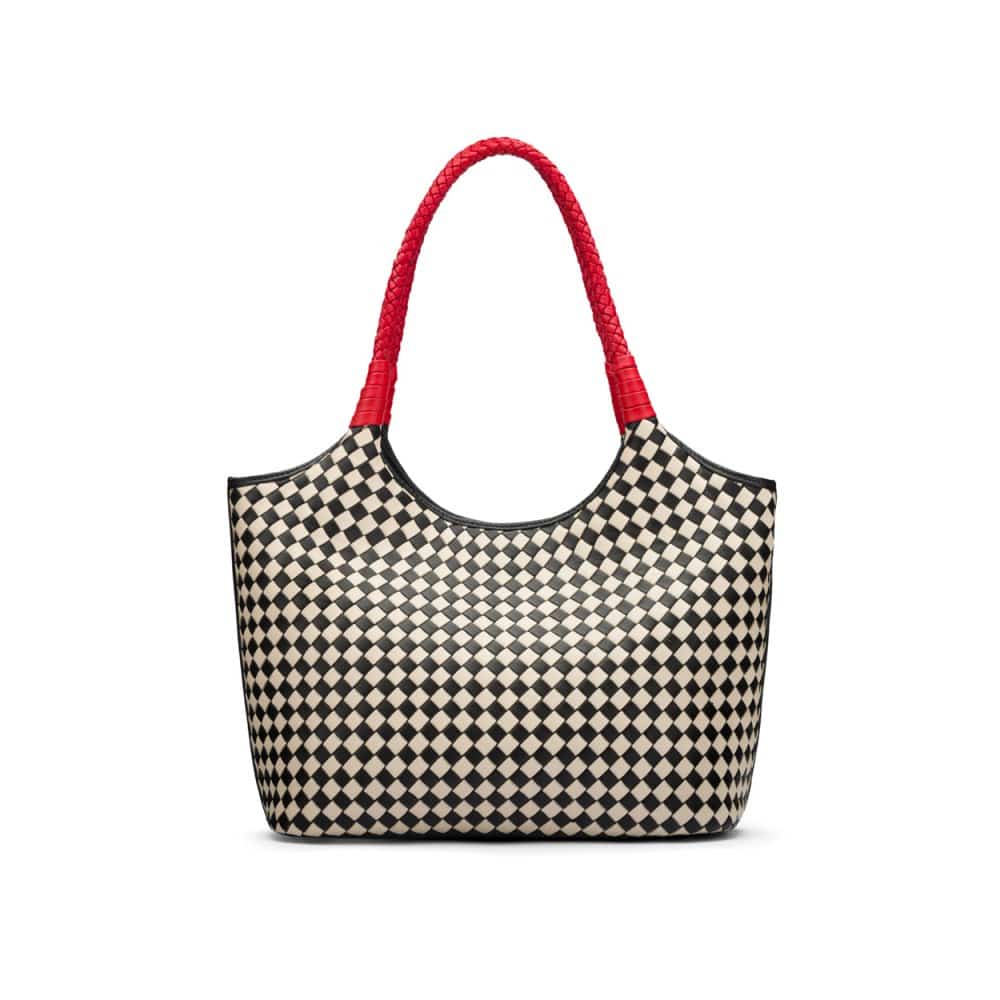 Woven leather shoulder bag, black and ecru check with red handles, front