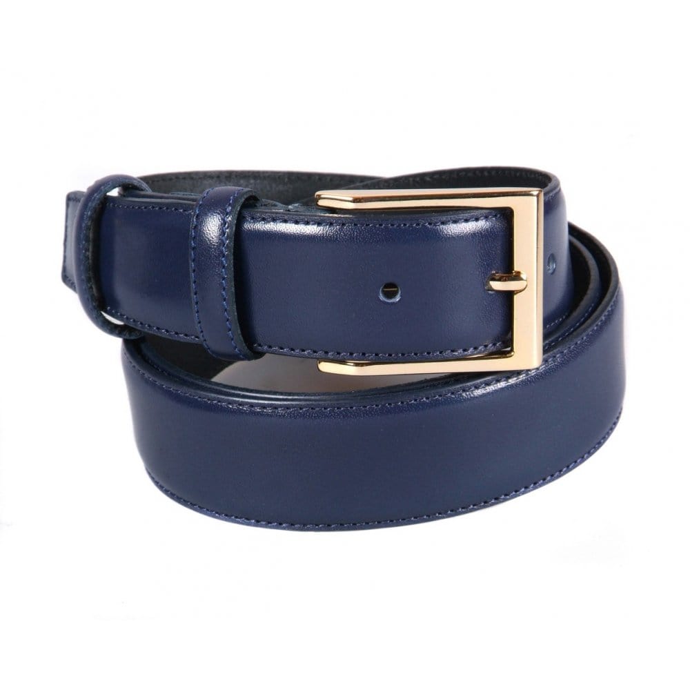 Leather belt with gold buckle, navy