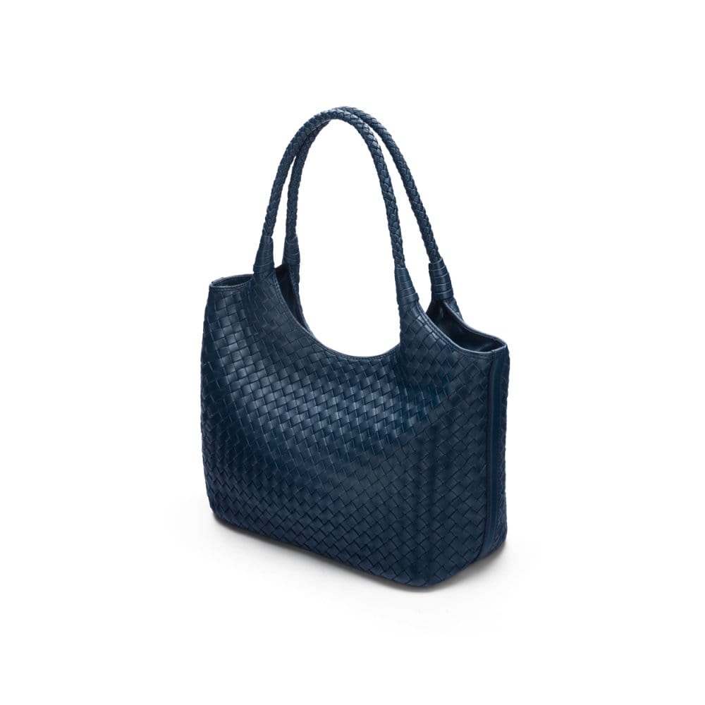 Woven leather shoulder bag, navy, side
