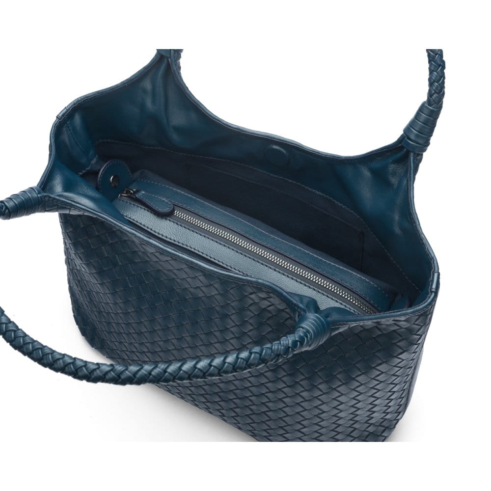 Woven leather shoulder bag, navy, inside