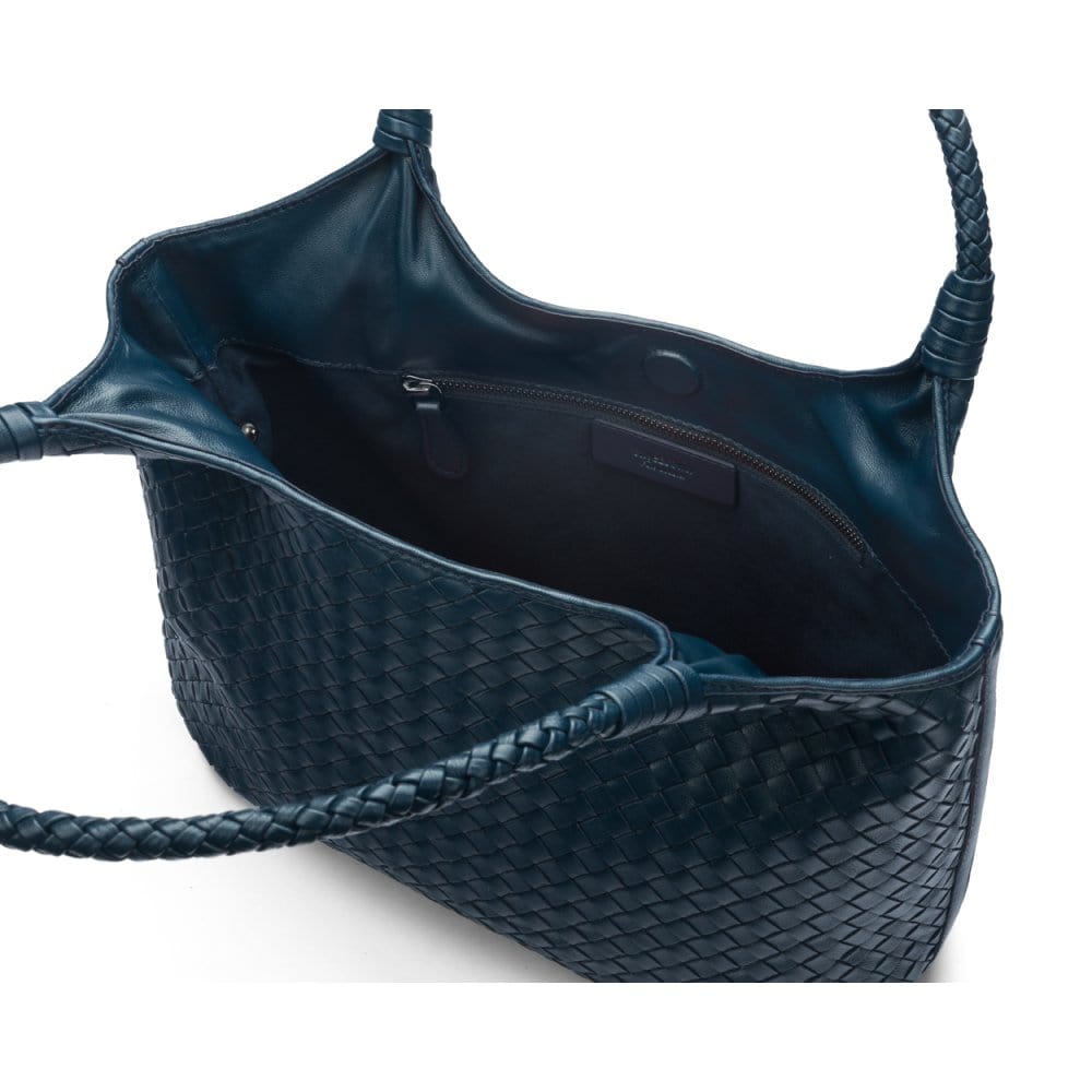 Woven leather shoulder bag, navy, open