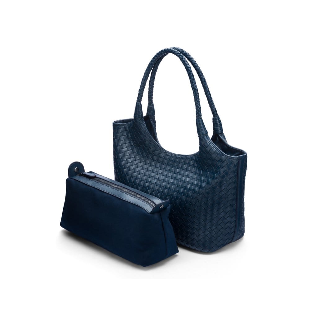 Woven leather shoulder bag, navy, with detachable inner bag