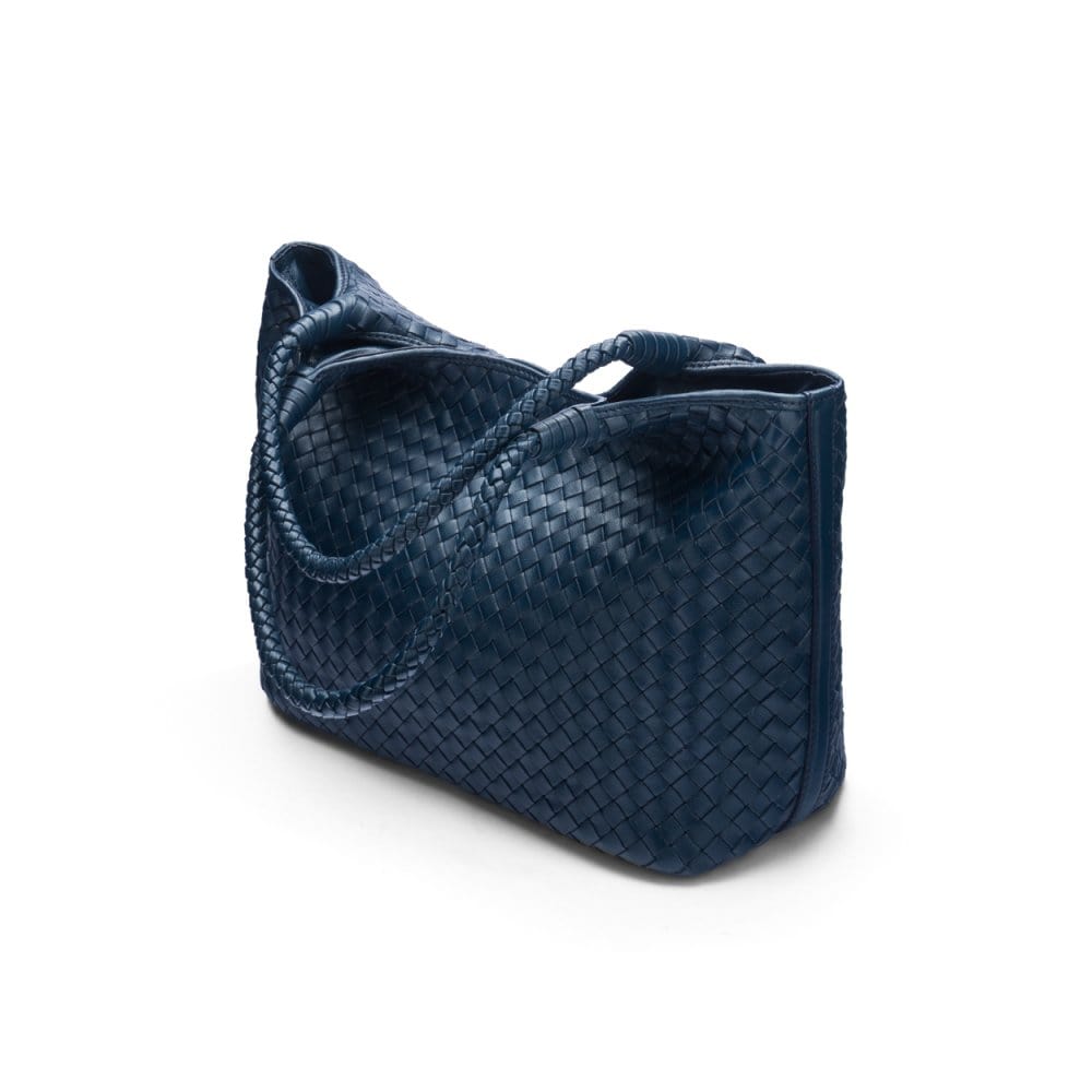 Woven leather shoulder bag, navy