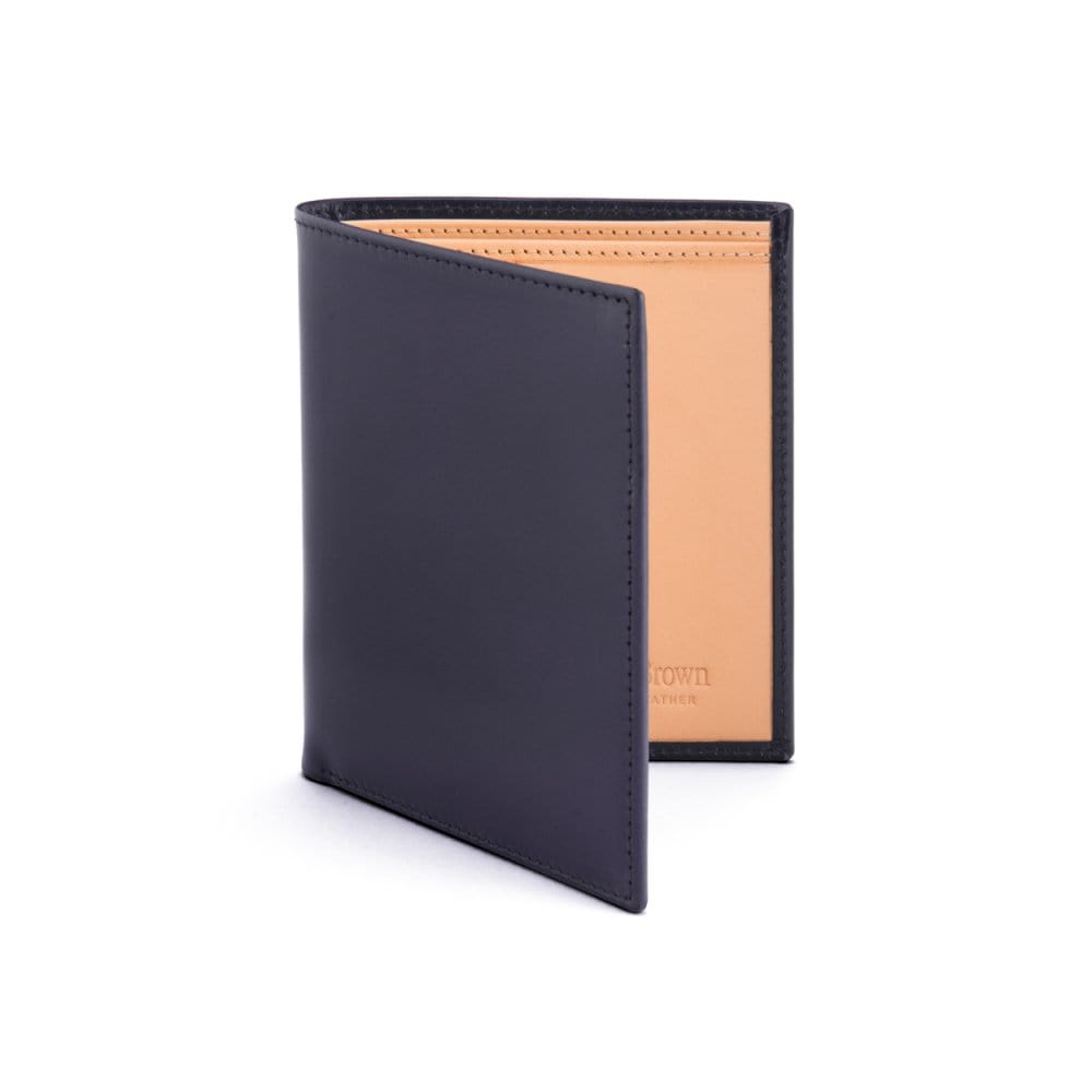 Bifold leather wallet with 6 credit cards, navy, front