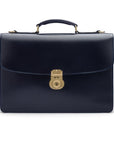 Bridle hide briefcase with brass lock, Harvard, navy, front