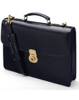 Bridle hide briefcase with brass lock, Harvard, navy, side
